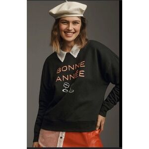 Maeve Anthropologie Wine Black Boxy Crewneck Sweatshirt
